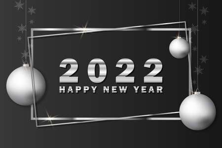 2022 New Year background with silver christmas balls, snowflakes and frame. Template for greeting card. Vector.のイラスト素材