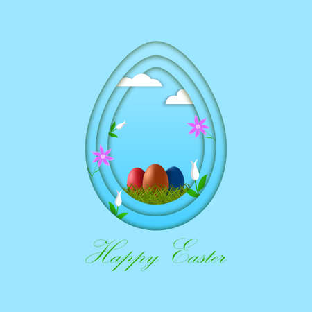 Easter background in paper cut style with Easter eggs and spring flowers. Happy Easter lettering. Template for Easter greeting card, decoration, banner. Vector illustrationのイラスト素材