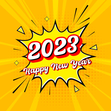 2023 Happy New Year pop art comic background with lightning blast and halftone dots. Cartoon style. Vector.のイラスト素材