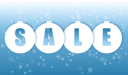 White sale tags hanging in white winter snowflakes background. Design for Christmas and New Year retail promotion. Vector.のイラスト素材