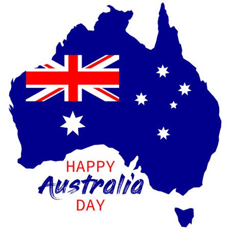 Happy Australia day lettering with map of Australia and national flag. Isolated on white background. Vector illustrationのイラスト素材
