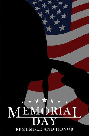 Memorial day background with saluting soldier, USA national flag and lettering. Template for Memorial Day design, greeting card, invitation. Vector illustrationのイラスト素材