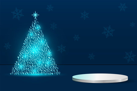 Christmas tree with podium for product display or presentation. Christmas and New Year sale concept. Vector illustration.のイラスト素材