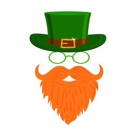 Leprechaun character with red beard, green hat, glasses and no face. Design for St. Patrick's day. Flat style. Isolated on white background. Vector illustration.のイラスト素材