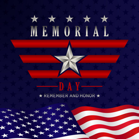 Memorial Day template for greeting card. Memorial day, remember and honor texts with US national flag, stripes and stars. Vector illustration.のイラスト素材