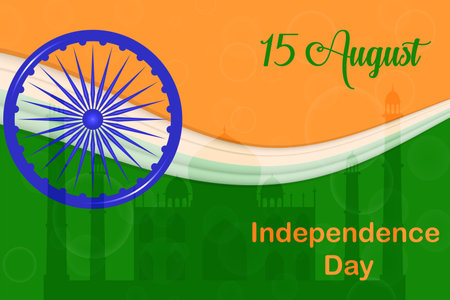 15 of August India Independence Day. Abstract Indian flag background with Ashoka wheel and Taj Mahal...