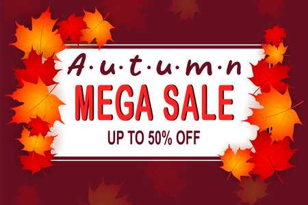 Autumn Mega Sale poster or banner with autumn colorful leaves on dark brown background. Promotion for Autumn season. Vector illustration.のイラスト素材