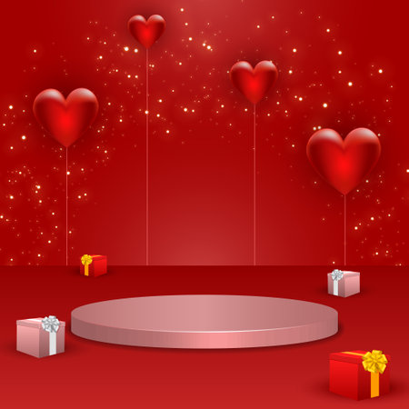 Valentines day background with empty pink podium for product display and gift boxes and heart shaped balloons decoration elements. Vector illustration.のイラスト素材