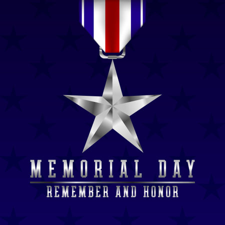 Memorial Day background with silver star, stars and stripes. Template for Memorial Day invitation, greeting card, banner. Remember and honor. Vector illustration.のイラスト素材