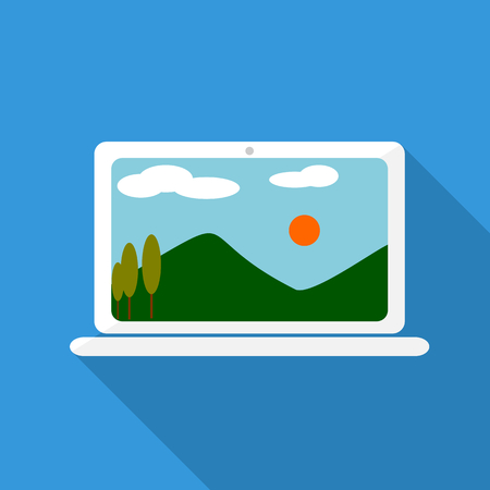 Laptop on blue background, with landscape in monitorのイラスト素材