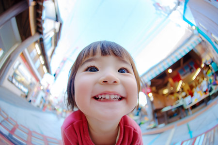 Portrait of a cute little girl in the amusement park on a sunny dayの素材