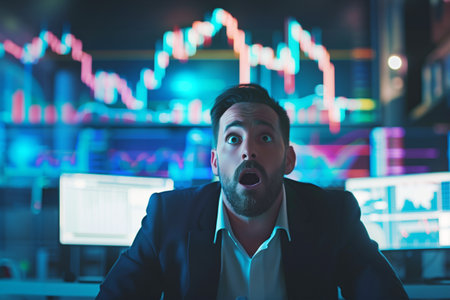 Portrait of a young businessman with a surprised face looking at the cameraの素材