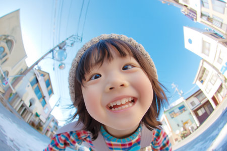 Happy asian little girl in winter clothes on the background of blue skyの素材