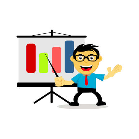 Illustration Vector Graphic of Successful businessman in cartoon with glasses doing presentation and pointing important section of the growing sales chart. Concept of presentation, meeting, financialのイラスト素材