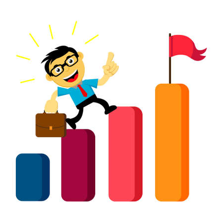 Illustration Vector Graphic of businessman or employee in cartoon grow up to success with glasses and icon of growing sales chart. Concept of presentation, meeting, financial report or business planのイラスト素材