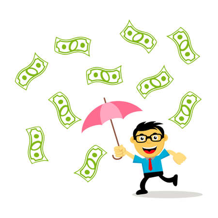 Illustration Vector Graphic of Successful businessman or employee in cartoon with glasses and pink umbrella, falling money from above. Concept of investment, saving money and get lots of profitのイラスト素材