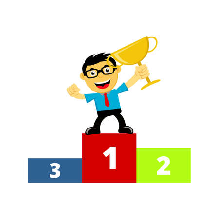 Illustration Vector Graphic of Successful businessman or employee in cartoon with glasses win the competition become number one and holding the trophy. Concept of competition in the workのイラスト素材
