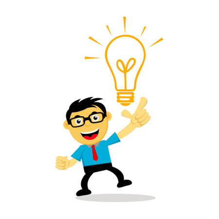 Illustration Vector Graphic of Successful businessman or employee in cartoon with glasses and icon of lamp. Concept of get ideas for the goalのイラスト素材