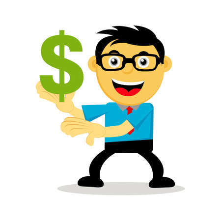 Illustration Vector Graphic of Successful businessman or employee in cartoon with glasses icon of money. Concept of investment, saving money and get lots of profitのイラスト素材