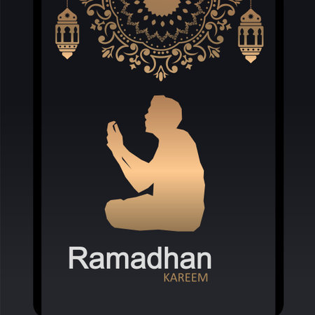 Illustration vector graphic Luxury ornament and man praying silhouette. The Islamic holy month of Ramadhan, Ramadan Kareem. Perfect for concept of presentation, banner, cover and promotion celebrationのイラスト素材