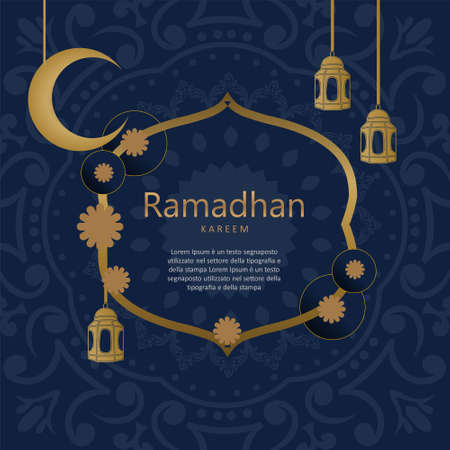 Illustration vector graphic Luxury ornament, lantern and moon with silhouette. The Islamic holy month of Ramadhan, Ramadan Kareem. Perfect for concept of presentation, banner, cover and promotionのイラスト素材