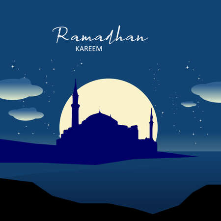 Illustration vector graphic Ramadan Kareem with mosque in the lake on white moon background at night. Perfect for concept of presentation, banner, cover and promotion celebrationのイラスト素材