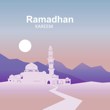 Illustration vector graphic Ramadan Kareem with mosque in the mountain at evening. Perfect for concept of presentation, banner, cover and promotion celebrationのイラスト素材