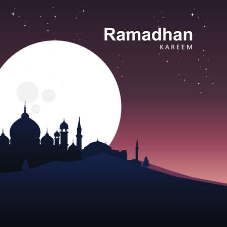Illustration vector graphic Ramadan Kareem with mosque in the mountain at night with star. Perfect for concept of presentation, banner, cover and promotion celebrationのイラスト素材