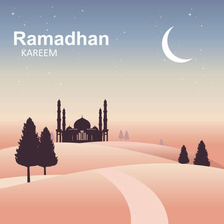 Mosque ways in mountain ramadan kareem illustration vector graphic islamic holy month of Ramadhan. Perfect for concept of presentation, banner, cover and promotion celebrationのイラスト素材