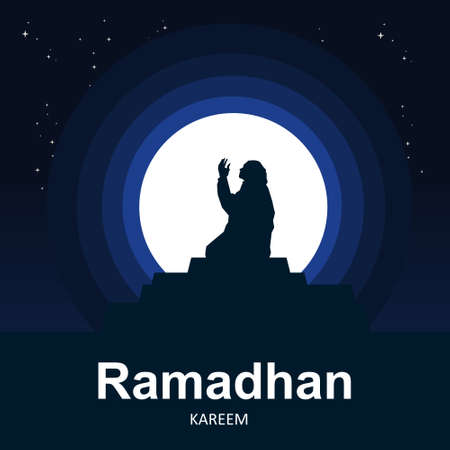 Woman praying silhouette with moon background ramadan kareem illustration vector graphic islamic holy month of Ramadhan. Perfect for concept of presentation, banner, cover and promotion celebrationのイラスト素材