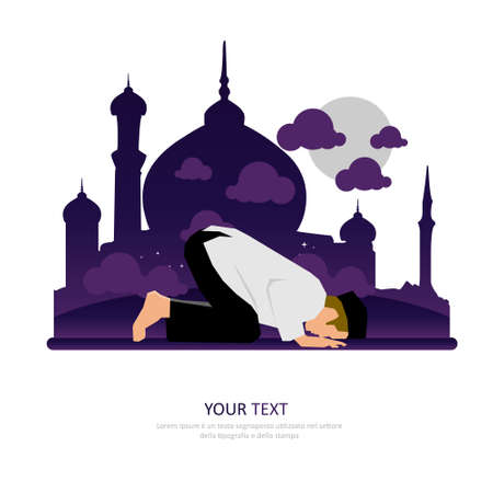 man praying to Allah in front of mosque with moon background, ramadan kareem, happy eid, illustration vector graphic islamic holy month of ramadhan. Perfect for concept of presentation, banner, coverのイラスト素材