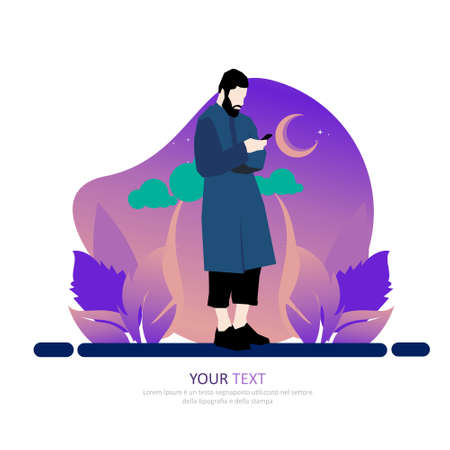 man who spread kindness with his smartphone in ramadan kareem, happy eid, illustration vector graphic islamic holy month of ramadhan. Perfect for concept of presentation, banner, cover and promotionのイラスト素材