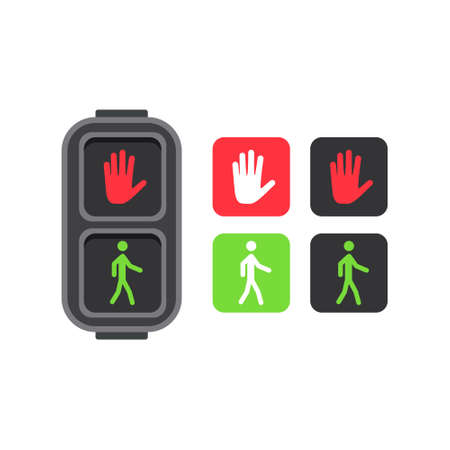 Illustration Vector Graphic Pedestrian traffic light with red hand and green man icon set. Simple flat cartoon symbols. Perfect for cover presentation, campaign, and poster infographicのイラスト素材