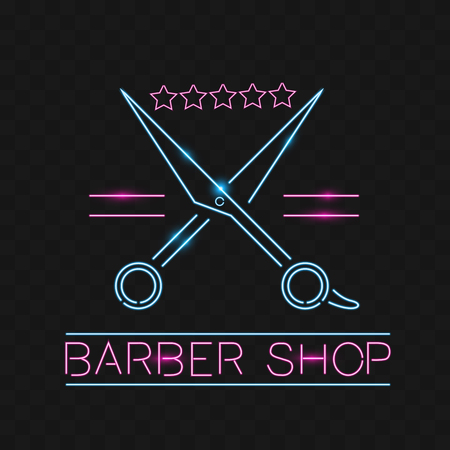 Barber shop logo neon sign, logo design elements. Can be used as a header or template for logos, labels, cards. Neon Signboard, Bright Lighting Advertising Hairdressing. Vector illustrationのイラスト素材