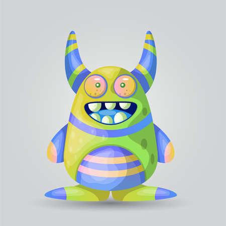 Cute cartoon monster with horns with one eye. Smiling monster emotion with big mouth. Halloween vector illustration - Vectorのイラスト素材