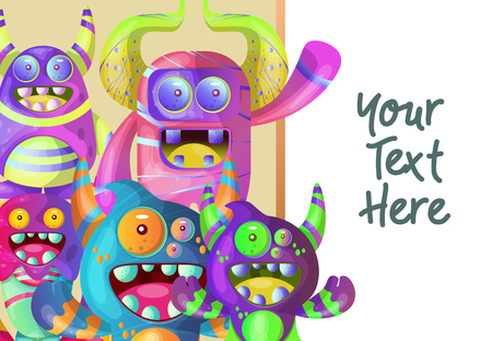 Cute cartoon monster with horns with one eye. Smiling monster emotion with big mouth. Halloween vector illustration - Vectorのイラスト素材