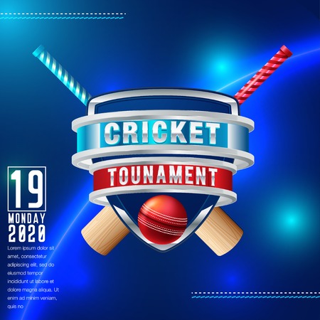 Realistic cricket equipment such as bat, ball and wicket stumps on shiny blurry backgroundのイラスト素材