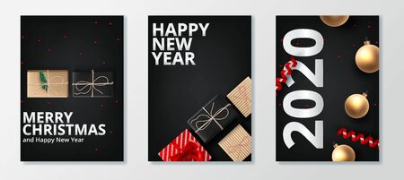 vector illustration of happy new year 2020 gold and black collors place for text christmas ballsのイラスト素材