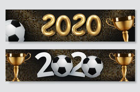 Soccer club or football sport banners. Vector design of arena or football stadium with soccer balls. Vector illustrationのイラスト素材