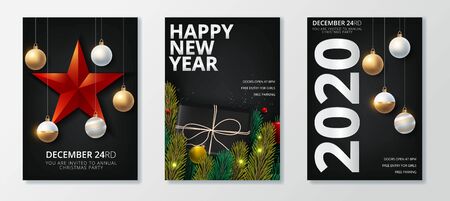 vector illustration of happy new year 2020 gold and black collors place for text christmas ballsのイラスト素材