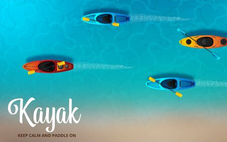 Top down view of kayak boat (canoe) with paddle on the beautiful tropical blue sea surface. Vector illustrationのイラスト素材