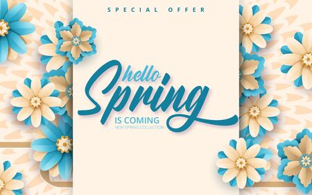 Spring sale. Bright advertising background with flowers, clouds, text. The effect of cut paper....