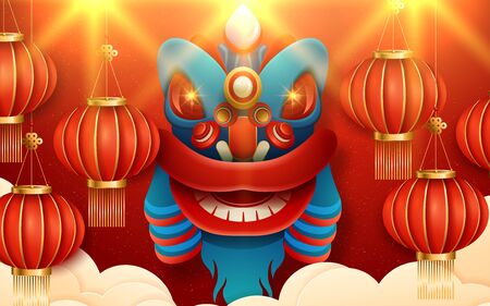 Paper art lanterns decoration for lunar year banner red color background. Translation : Happy New Year. Vector illustrationのイラスト素材