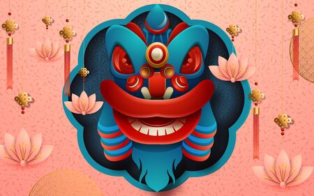 Chinese hanging red lantern, blue background in paper art style. Translation : Happy New Year. Vector illustrationのイラスト素材