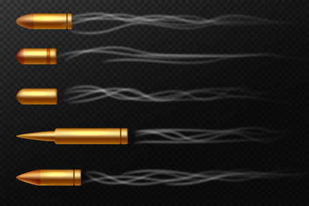 Realistic 3d Detailed Flying Bullets Set on a Transparent Backgroundのイラスト素材