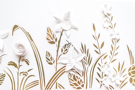 Summer flowering meadow. White flowers carved from paper on a white and gold background. Cut of paperの写真素材