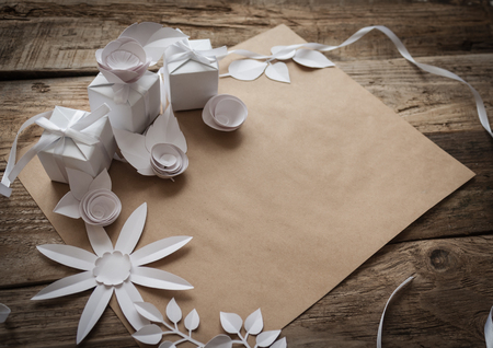 Background, packaging gifts, handmade red and white ribbonの写真素材