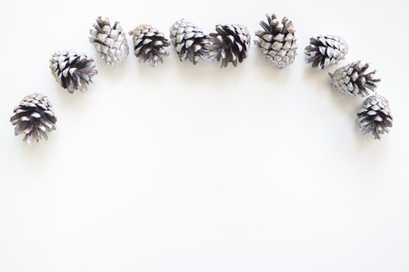 Frame made of pine cones on a white backgroundの写真素材