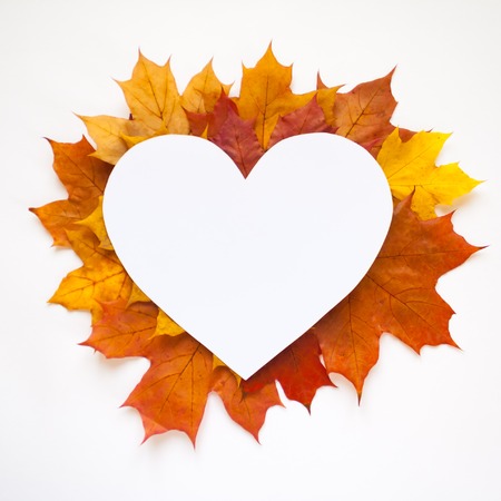 Autumn heart frame with leaves on white background. Autumn conceptの写真素材