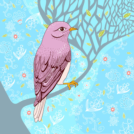 Hello, spring Spring bird with blossom branch. Floral Pattern.のイラスト素材